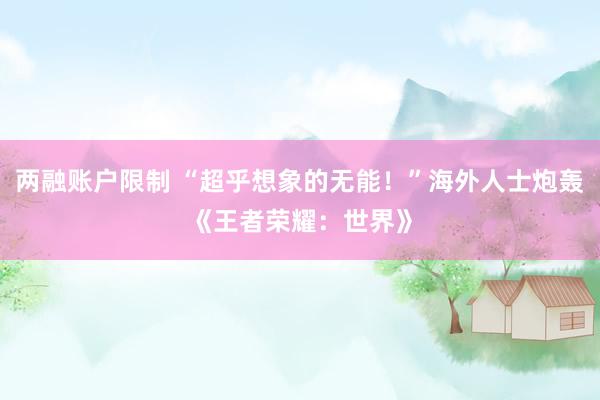 两融账户限制 “超乎想象的无能！”海外人士炮轰《王者荣耀：世界》